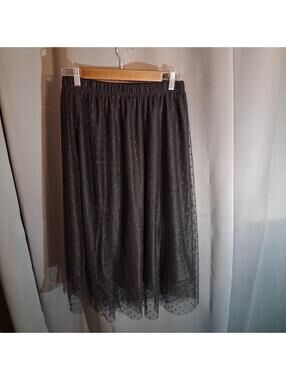 SHEIN Black Sheer Polka Dot Tulle Midi Skirt Size M